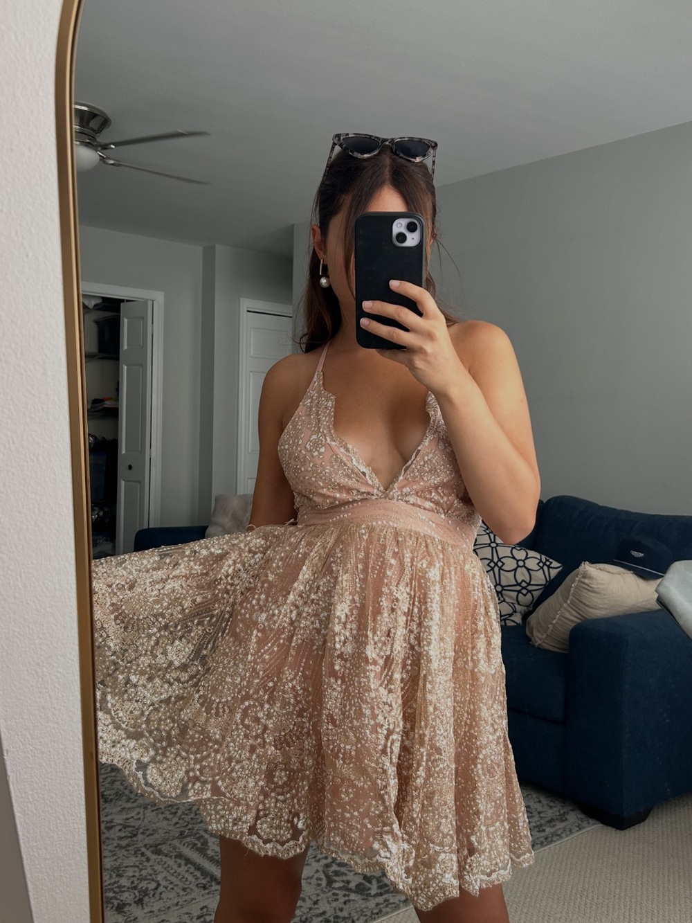 Showpo Sequin Lace Babydoll Dress - Blush Gold